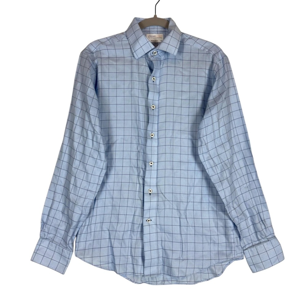 Lorenzo Uomo Dress Shirt Mens 15.5 34/35 Blue Check Regular Fit 100% Cotton